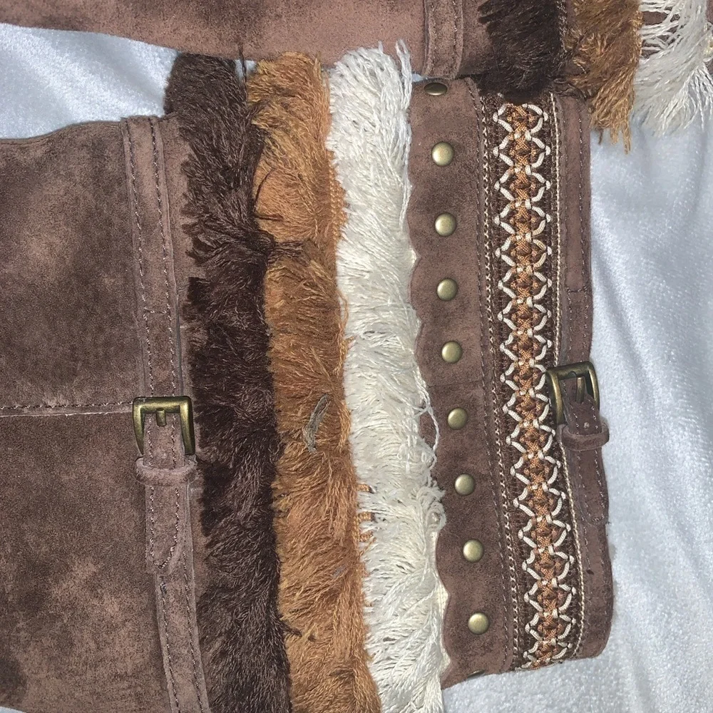 UGG Kiera chocolate Brown Suede tall fest Boots with Fringe embroidered size 9